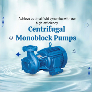 A blue industrial centrifugal monoblock pump featured on a watery background representing fluid dynamics.