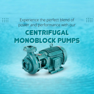 Teal centrifugal monoblock water pump on a blue water-themed background.