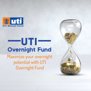 UTI Mutual Fund advertisement featuring an hourglass filled with gold coins