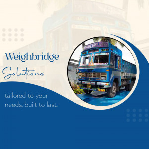 A blue truck parked on a weighbridge with promotional text about weighbridge solutions.