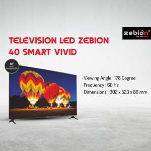 Zebion 40 inch Smart Vivid LED TV display with technical specifications against a light grey background