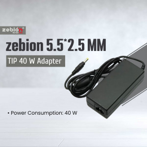 A black Zebion power adapter with a 5.5*2.5mm tip on a light gray background with product specifications.