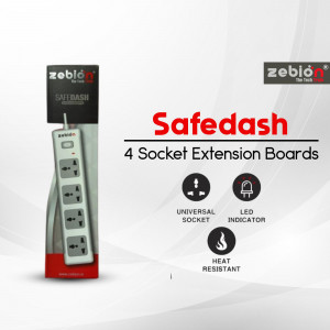 Zebion Safedash 4-socket power extension strip with white finish and safety features