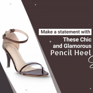 A stylish brown pencil heel sandal on a white and brown background with promotional text