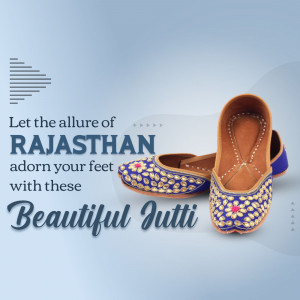 A pair of ornate blue and gold Rajasthani jutti shoes on a soft blue gradient background