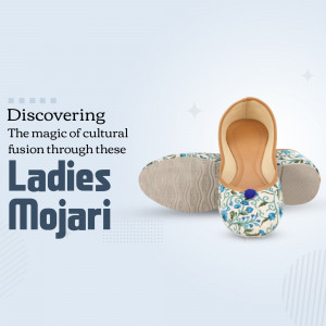 A pair of stylish floral print ladies mojari footwear with a blue accent on a light blue background