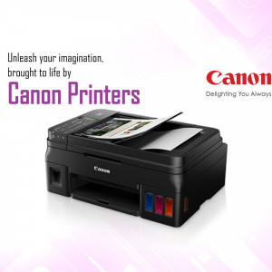 Black Canon printer showcasing high-quality printing capabilities with a promotional slogan