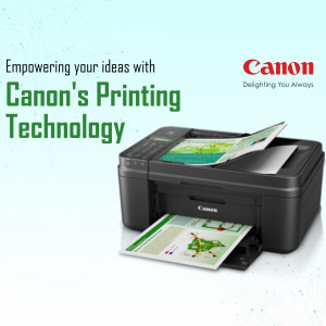 A black Canon all-in-one printer on a light blue background, printing a colorful document.