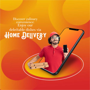 A food delivery courier wearing a red uniform holding two pizza boxes, shown inside a smartphone frame against an orange abstract background.