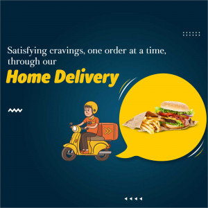 A food delivery scooter driver carrying a bag with a speech bubble showing a burger and fries