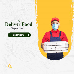 Delivery person in uniform with a medical mask holding a stack of pizza boxes against a yellow background.