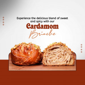 A close-up shot of two Cardamom Brioche pastries, one whole and one cut in half, displayed on a wooden surface with text above.