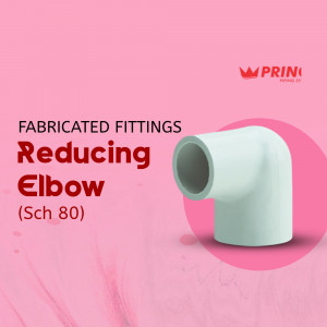 A white PVC reducing elbow fitting displayed against a pink background with promotional text.