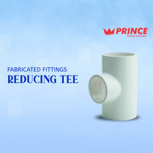 A white PVC reducing tee pipe fitting isolated on a light blue gradient background with the Prince Piping Systems logo.