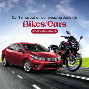 A red Toyota Corolla and a black motorcycle on a road against a blue sky, promoting vehicle estimation deals.