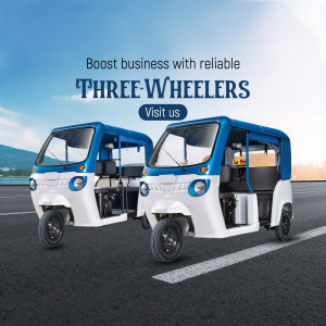 Two white and blue electric auto-rickshaws parked on an asphalt road under a bright sky