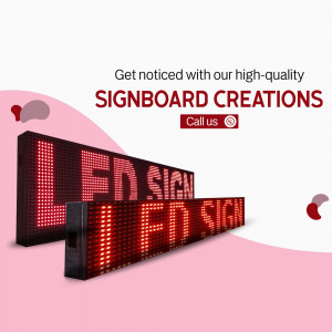Two digital LED signs displaying text against a branded pink and white background