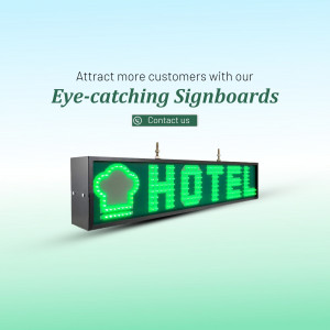 A horizontal LED digital signboard displaying the word HOTEL with a chef hat icon on a soft blue and green gradient background.