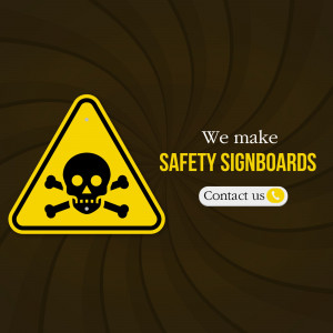 Yellow hazard skull icon on dark background for safety sign manufacturing advertisement