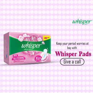 Whisper Ultra Soft XL+ sanitary pad packaging with a promotional call to action