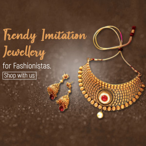 A gold-toned ethnic imitation necklace and jhumka earrings set against a textured dark brown background with promotional text.