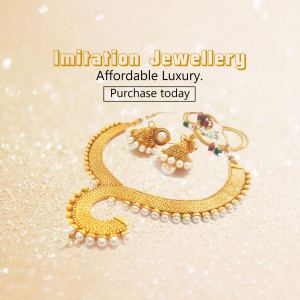 A gold-toned imitation jewelry set consisting of a necklace and earrings against a shimmering beige background