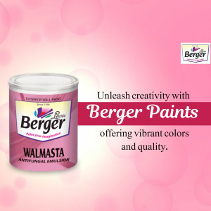 A can of Berger Walmasta exterior wall paint featuring a pink background and the Berger brand logo.