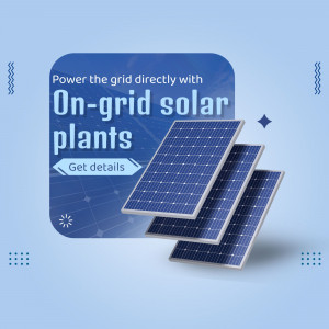 A graphic design promoting on-grid solar plant installation services with floating solar panel illustrations