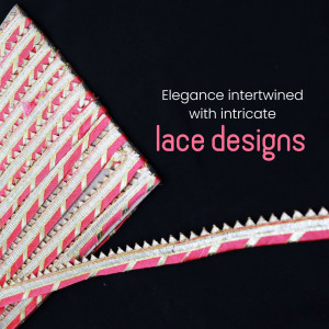 A decorative piece of pink and silver lace trim featuring intricate geometric designs, placed against a solid black background.