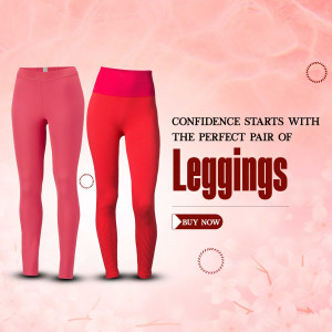 Two pairs of stylish women's leggings in pink and red displayed on a floral background with a Buy Now button.