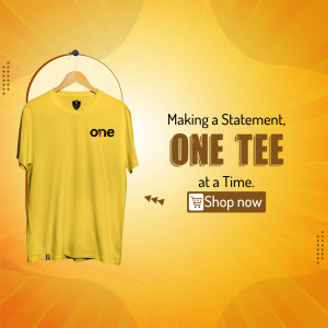 A yellow t-shirt on a hanger with marketing text on a gradient yellow background.