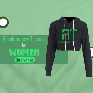 Black crop top hoodie with Revolutionary Threads logo on a green textured background