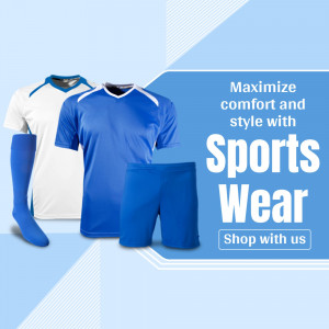 Promotional graphic featuring soccer jerseys, shorts, and socks with text promoting sports wear.