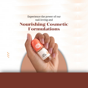 A hand holding a bottle of nourishing nail care oil against a soft beige and brown background.
