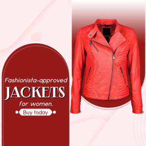 A stylish red leather motorcycle jacket for women on a pink background with promotional text