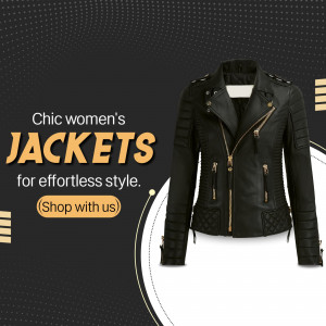 Stylish black leather jacket for women displayed on a promotional fashion advertisement background.