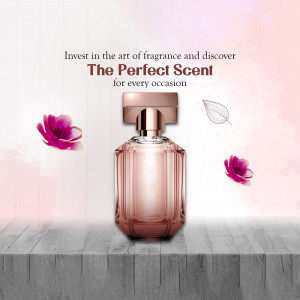 Luxury perfume bottle with floral accents on a wooden surface