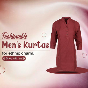A stylish maroon men's kurta showcased in an advertisement with ethnic charm theme.