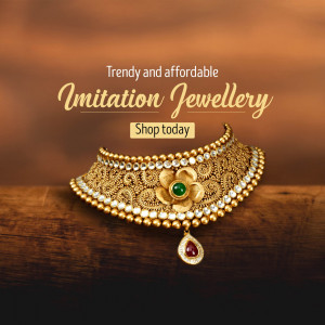 An intricate gold-toned choker necklace with a central flower design and gemstone accents, displayed on a wooden surface for an online imitation jewellery sale.