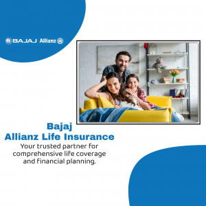 A happy family sitting on a yellow sofa promoting Bajaj Allianz Life Insurance