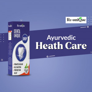 Denta Unique dental care drop packaging featuring an ayurvedic health care advertisement