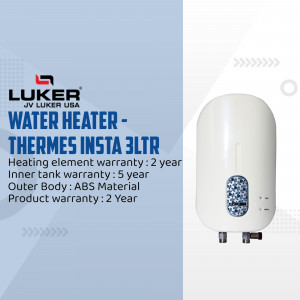 White Luker Thermes Insta 3 liter instant water heater with warranty details on a light blue background