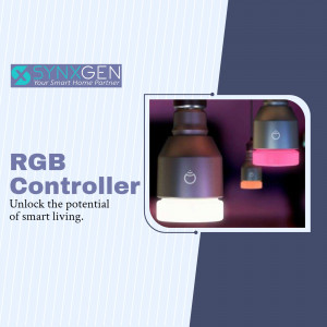 A smart home RGB controller device featured in a promotional advertisement with colorful glowing bulbs.
