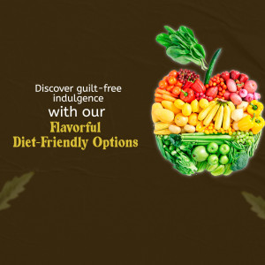 A creative apple shape made of various colorful fresh vegetables and fruits with motivational text about diet-friendly food.