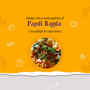 A creative social media post featuring a bowl of Papdi Ragda surrounded by hand-drawn illustrations on a bright orange background.