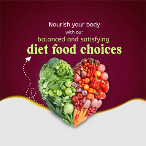 Heart-shaped arrangement of fresh vegetables and fruits on a maroon background with healthy eating text