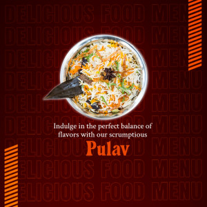 A top-down view of a bowl of aromatic vegetable pulav on a dark red background with text.