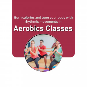 A group of people doing aerobic squats in a studio for a fitness class advertisement.
