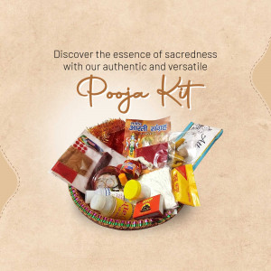 A beautifully arranged pooja kit containing essential prayer items like incense, diya, and offerings on a textured beige background.