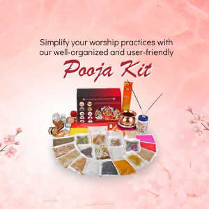 A complete organized pooja kit with various ritual items arranged on a pink floral background